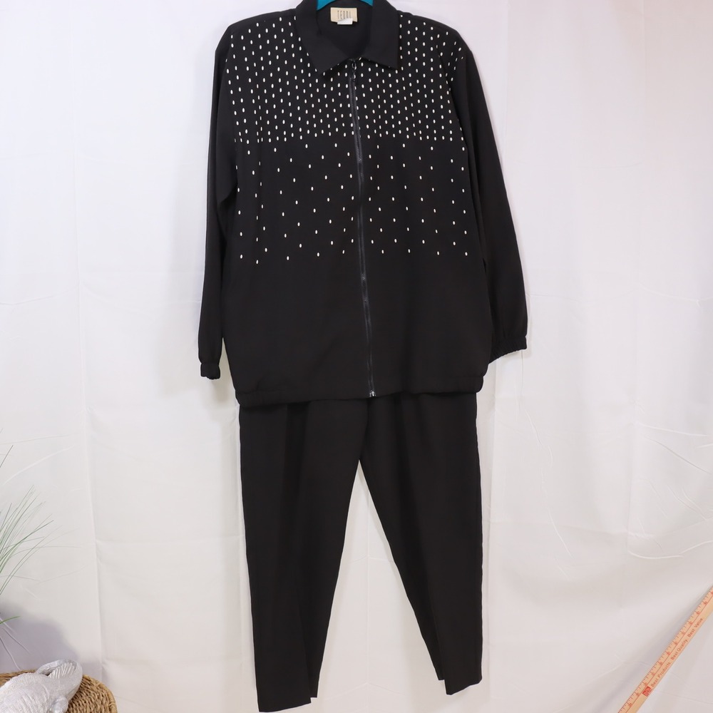 Teddi Pant Set Vintage 12/S Black Womens Polka Dot Zip‎ Up Jacket Trousers